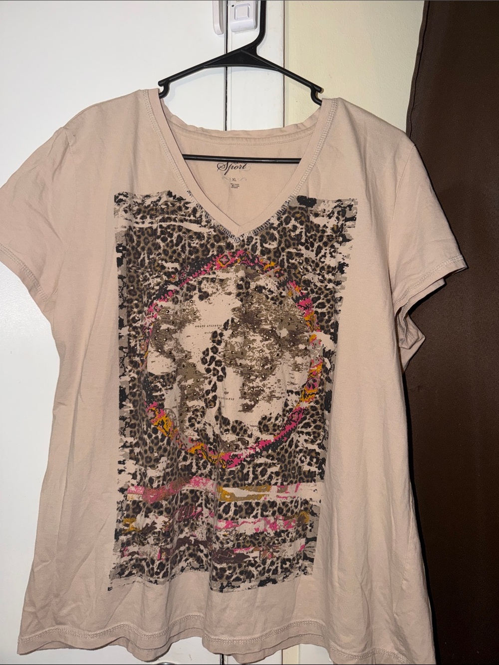 Sport Beige Graphic V-Neck Tee with Pink & Yellow Accents